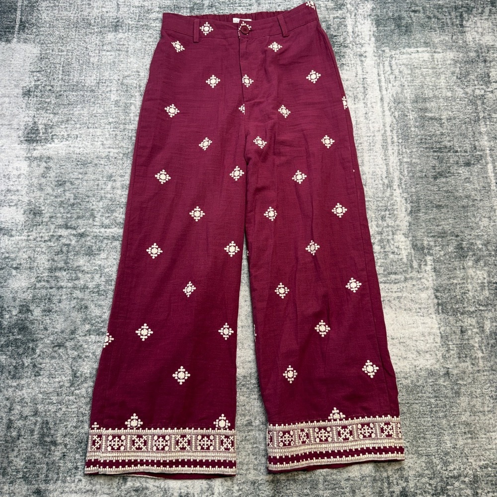 Womens Wide Leg Resort Boho Pants Small Berry Embroider Geometric Elastic Waist